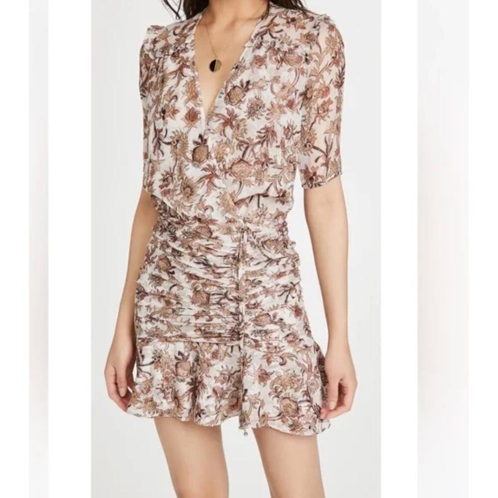 Veronica Beard Floral Ruched Mini Dress in Cream and Brown